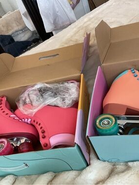Pink Roller Skates with Teal Wheels